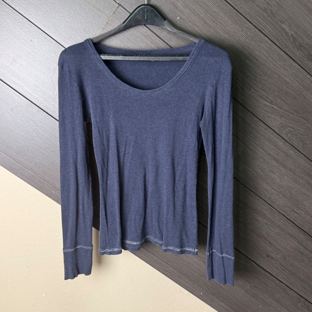 Vanity Women's Ribbed Long Sleeve Knit Top Metallic Stitch Hem Blue Large